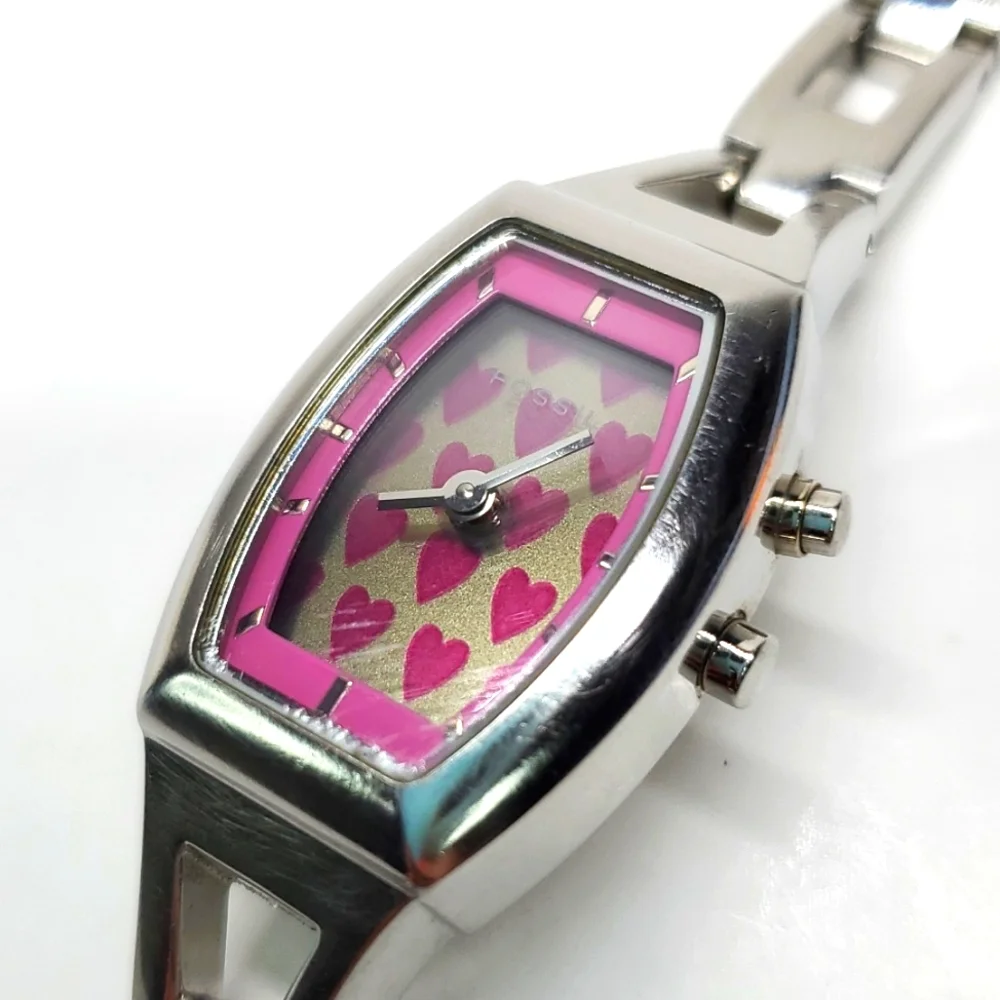 Fossil Big Tic Watch ES9677 Silver Pink Hearts Y2K Vintage